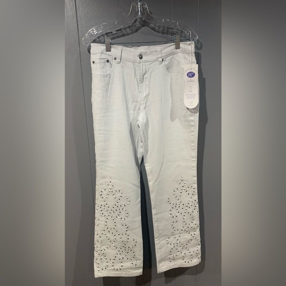 Diane Gilman White with Rhinestone  Silver Studded Flare Pant Leg NWT